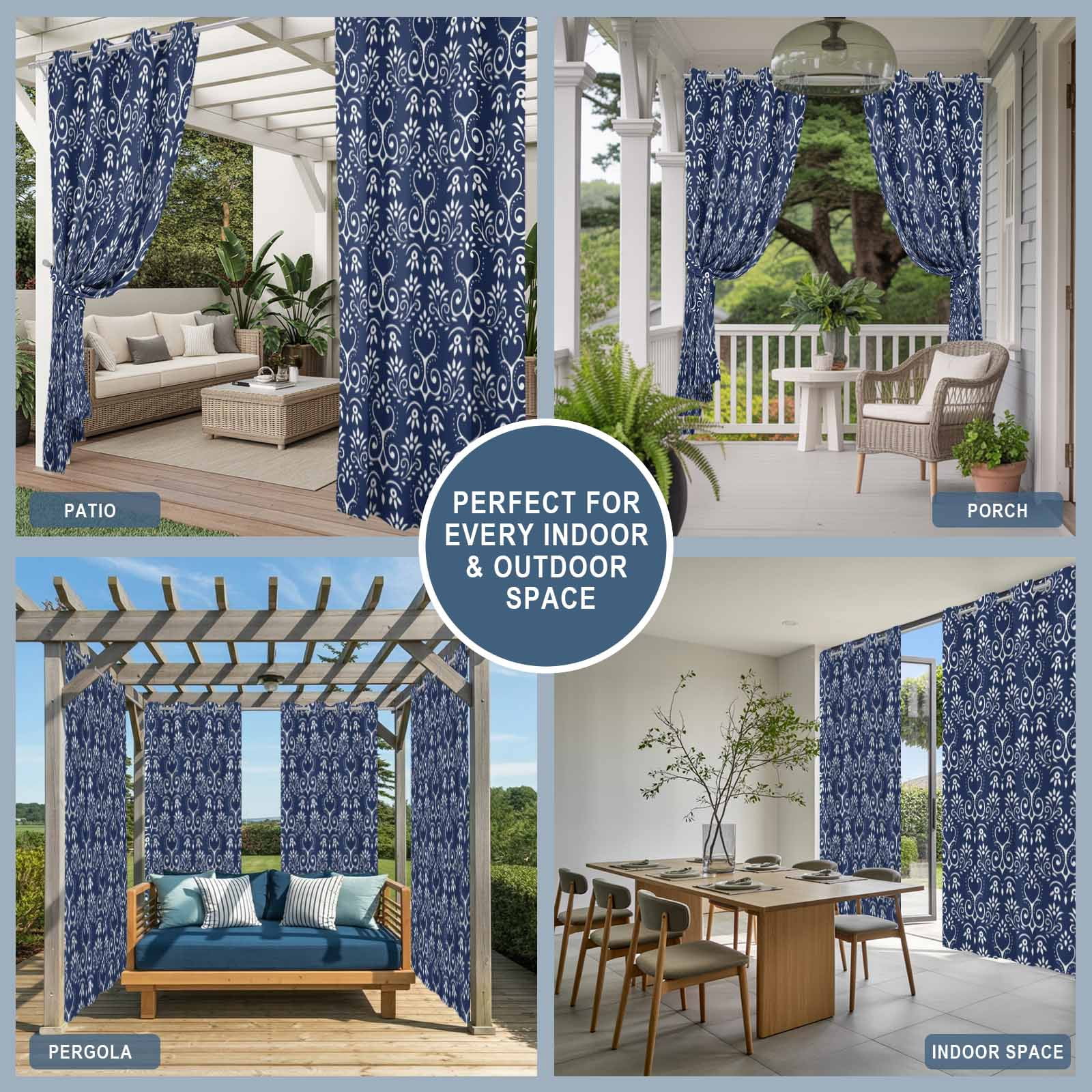 Outdoor Curtains for Patio Waterproof, Navy Blue Spring Floral Windproof Pravicy Outside Porch Blackout Curtain, Modern Abstract Art Farmhouse Sun Blocking Grommets Curtains for Cabana 54"x108"