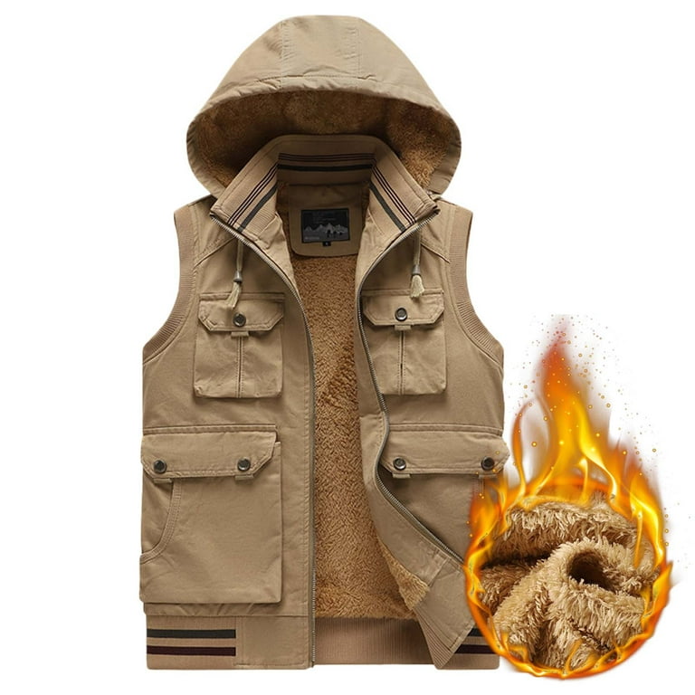 Jacket with Hood for Men Male Casual Solid Plush Vest Coat Detachable  Hooded Sleeveless Zipper Fly Multi Pocket Jacket Rain Men Fall Jackets for  Small