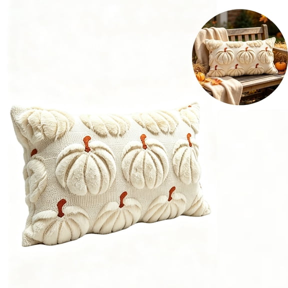 Fall Throw Pillow,Plush Pumpkin Lumbar Pillow, Knitted Textured Cream Rectangular Cushion, For Sofa Couch Bed Living Room Autumn Home Decor, 19.69 X 11.81 Inch