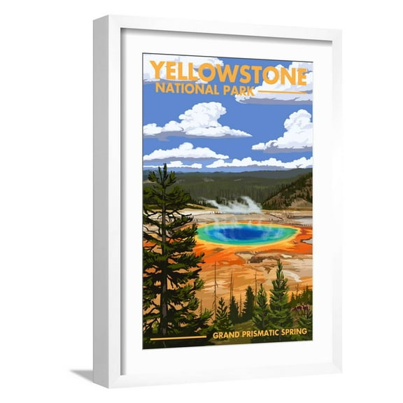 Art.com Yellowstone National Park - Grand Prismatic Spring Premium Giclee Print by Lantern Press, White Frame Wall Art, 17" x 23"