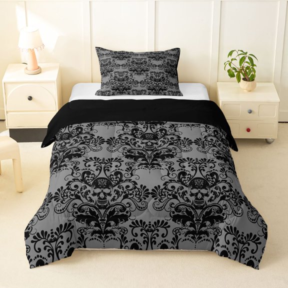 Homewish Halloween Skull Skeleton Twin Comforter Sets,Bohemian Damask Bedding Set,Black Gray,Black Reversible,2 Pieces,1 Comforter and 1 Pillowcase