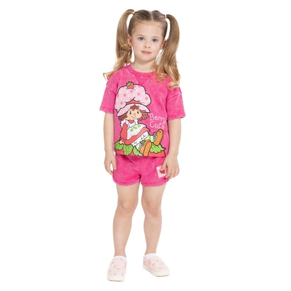 Strawberry Shortcake Toddler Girls Washed Crewneck Graphic Top and Shorts Set, 2-Piece, Sizes 12M-5T