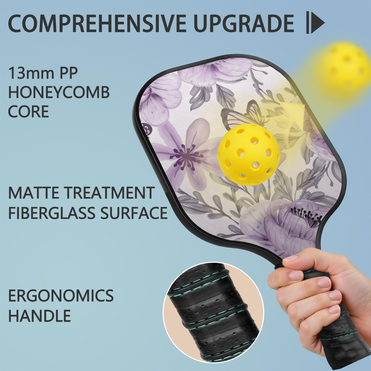 Pickleball Paddles Set Of 2, Fiberglass Surface, Vintage Floral & Butterfly, 4 Balls & Bag
