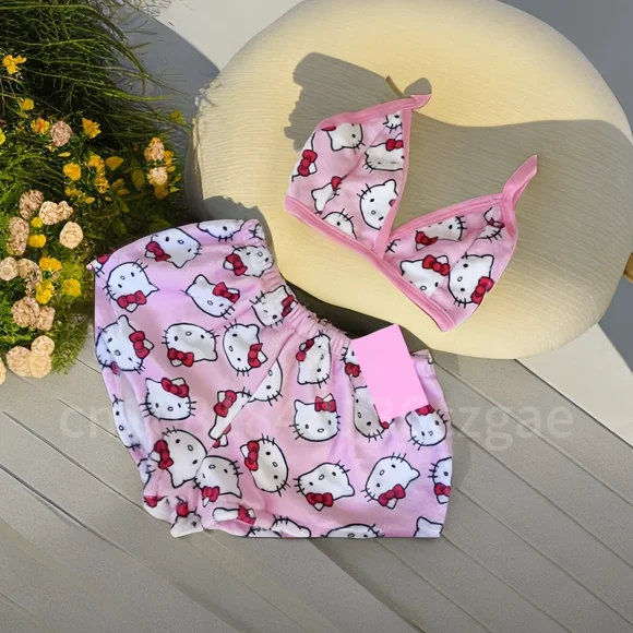 Miniso Sanrio Hello Kitty Loose Ladies Pajama Two-Piece Women Cartoon Sleep Bottoms Lounge Home Wear Summer Beachwear Women Suittzw