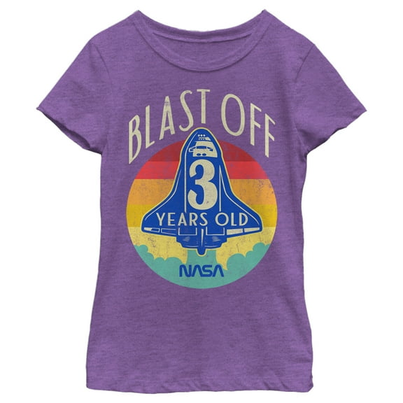 Girl's NASA Space Shuttle Blast Off 3rd Birthday Retro Portrait Graphic Tee Purple Berry Large