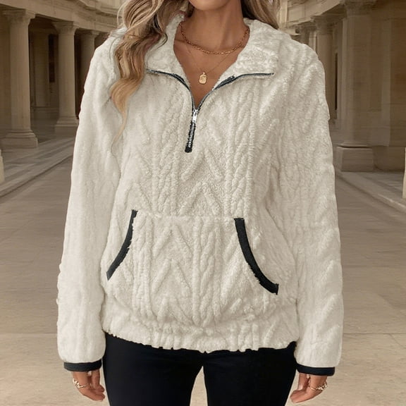 Frostluinai Cable Textured Sweatshirts Women Zip Mock Neck Warm Fleece Pullover Solid Long Sleeve Fall Sweat Shirts with Pocket