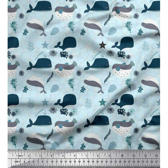 Soimoi Rayon Fabric Coral,Starfish & Whale Ocean Print Fabric by Yard 42 Inch Wide