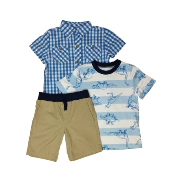 Toddler Boys Blue Dinosaur Outfit Check Button Shirt T-Shirt & Shorts Set 5T