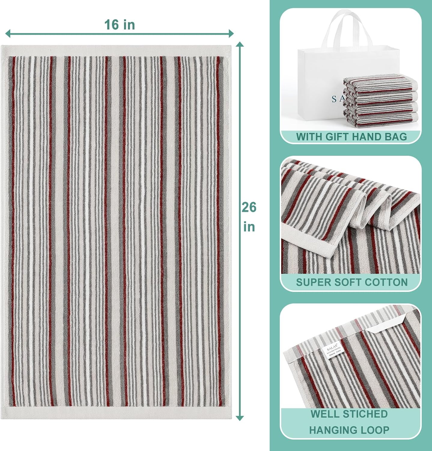 KitchenKey Premium Cotton Kitchen Dish Towels for Drying Dishes,Large Long Kitchen Hand Towels, Thick Highly Absorbent Dish Clothes Tea Towel Sets with Hanging Loop, 16" X 26",4 Pcs,Gray and Wine Red