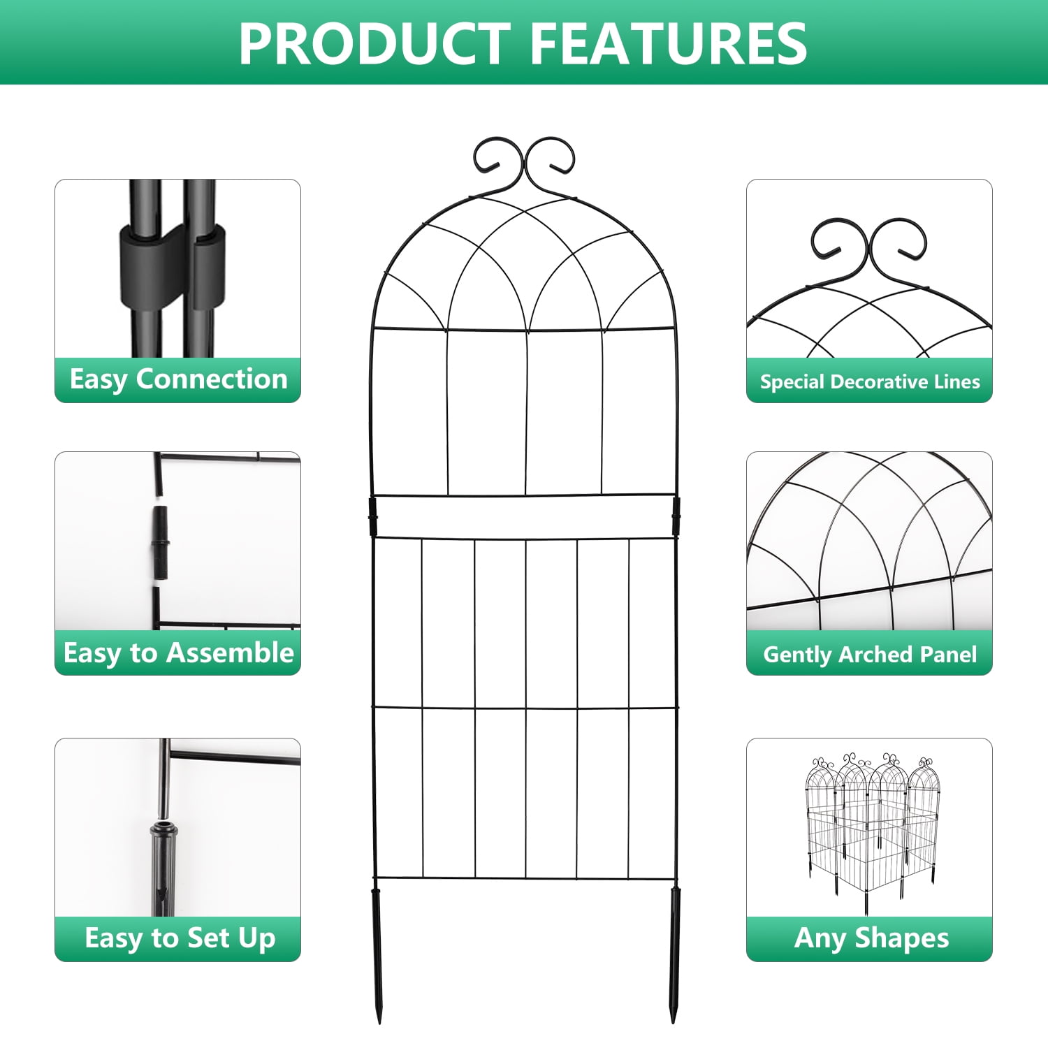 Decorative Garden Fence 10 Pack,Garden Trellis for Climbing Plants, 38.3in H x 12in W Metal Panel, Outdoor Wrought Iron Trellis for Vines, Flowers, Vegetable Garden Support
