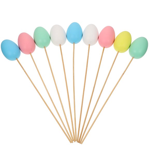 OUNONA 9-Piece Easter Plastic Painted Simulation Eggs with Sticks, Colorful Kids Toys and Decorations for Easter Party Favors