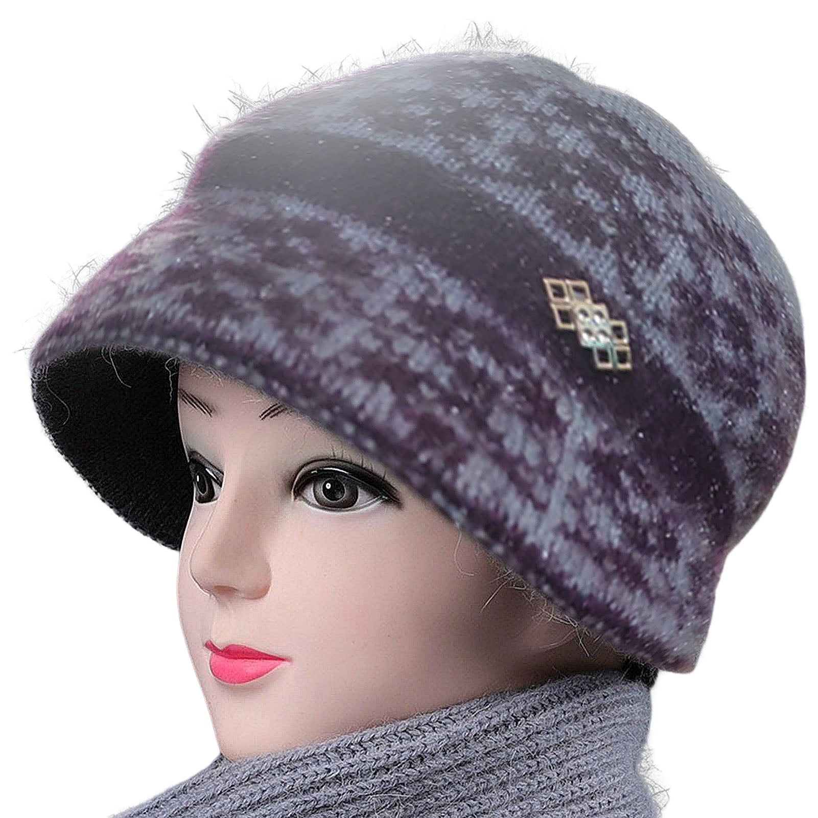 Women\'s Winter Beanie Warm Knitted Slouchy Wool Hats Cap with Visor, Purple Funmei Magnetic Back Pony Tail Visor - Warm Earmuff Hat main image 3