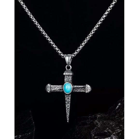 HOOUN Men's Turquoise Amulet Stainless steel Cross Pendant Necklace Lucky Jewelry