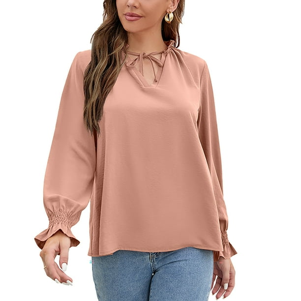 Blusa Cuello En V Manga Larga Punos Con Volantes Lazo Cordon Volante Cuello Alto Tops Casuales Para Mujer Rosa L