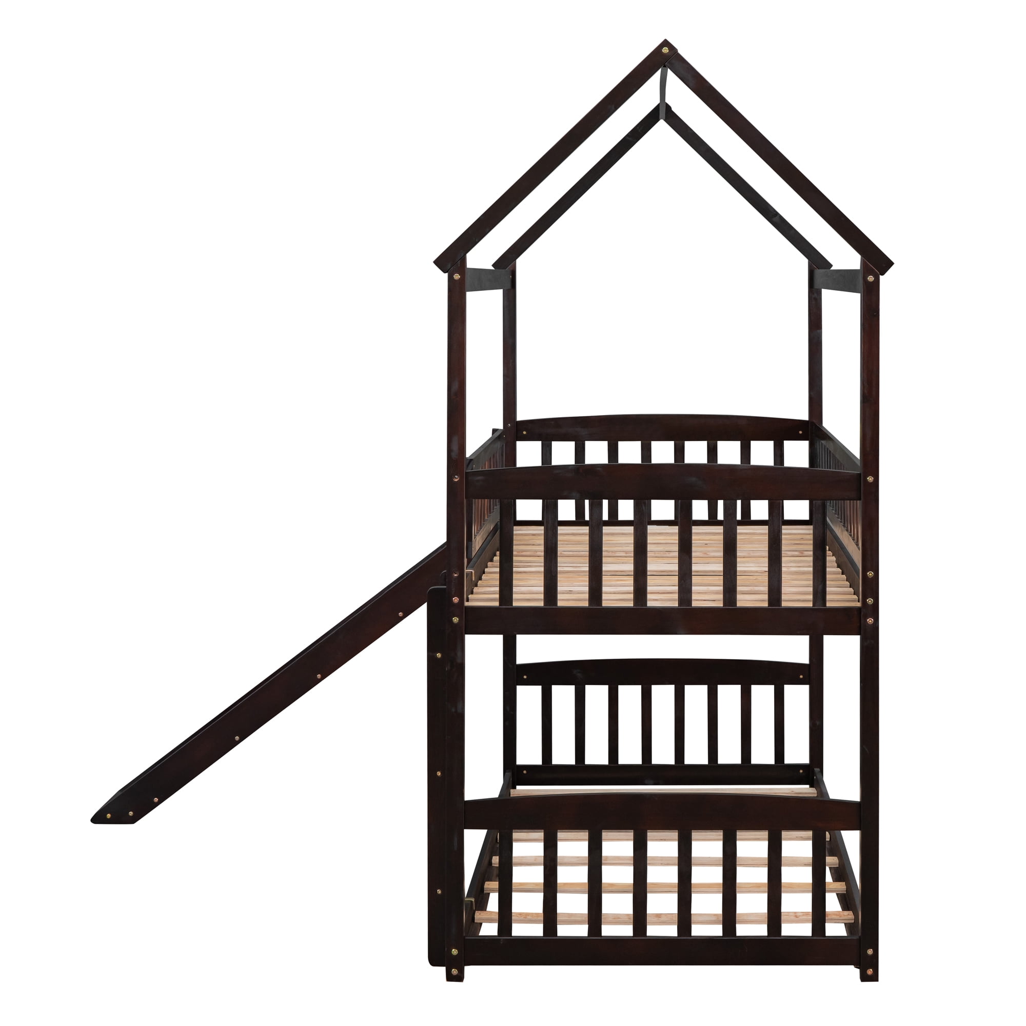 DEALTOPS Twin over Twin Bunk Bed with Slide and Ladder, Wooden Bed Frame for Kids, Teens, Espresso