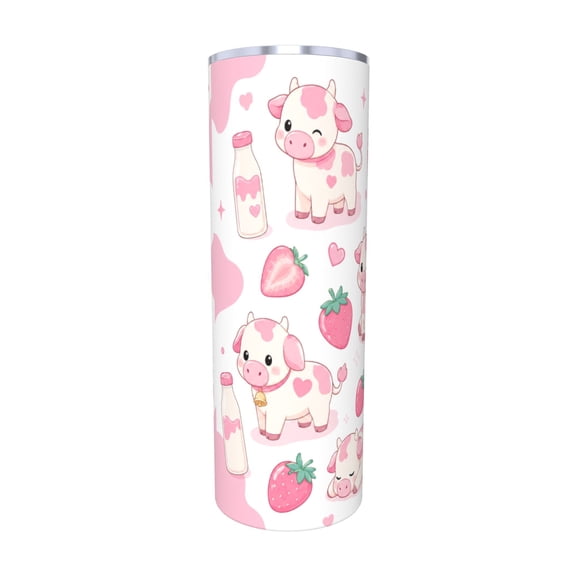 Cute Pink Cow Strawberry Milk 20oz Insulated Tumbler with Handle and Straw Travel Coffee Cup Car Cup Gift for Women with Straw