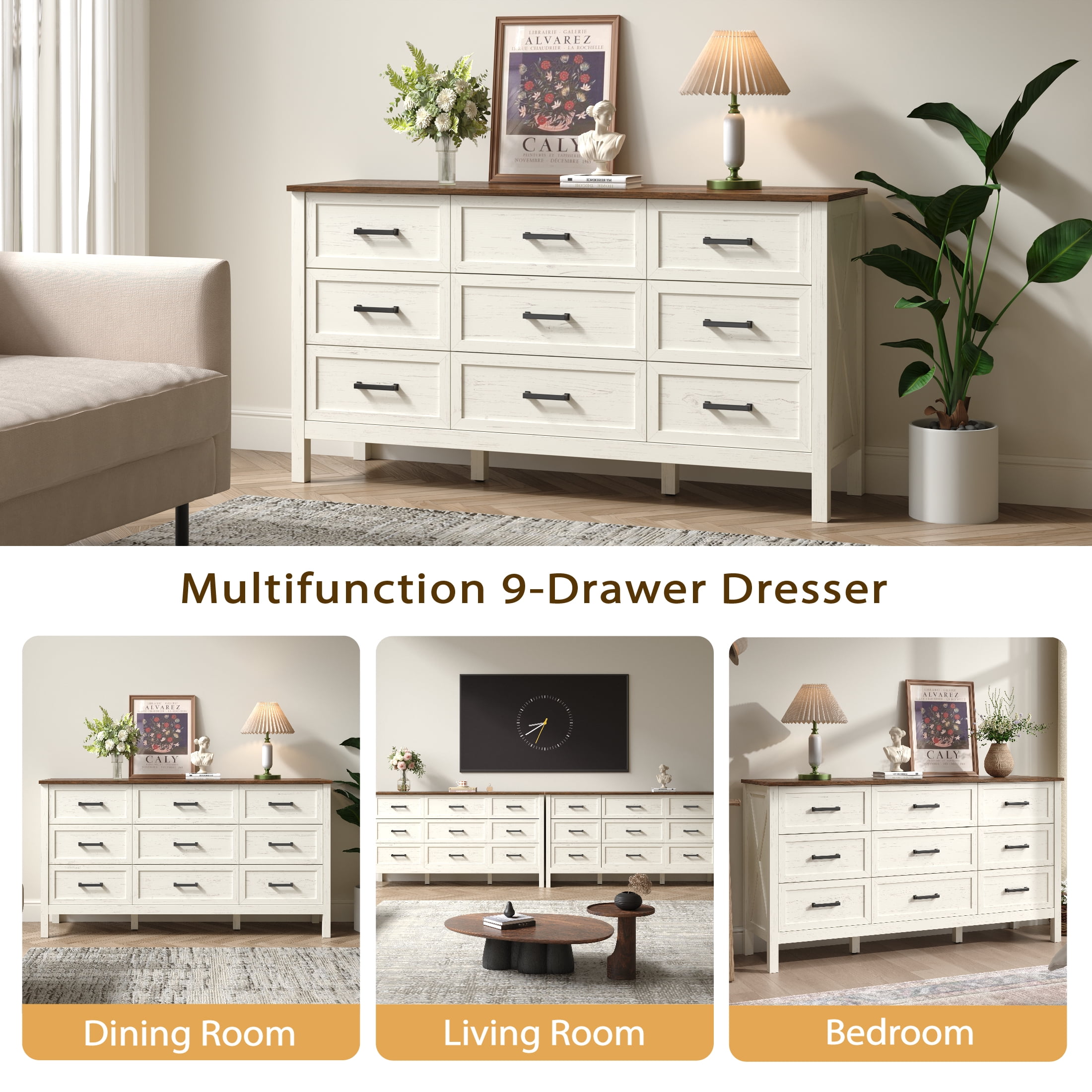 YouTrend 9 Drawer Farmhouse Dresser,Wood Adult Rustic Chest of Drawer with Metal Handles for Bedroom Living Room Hallway,Burlywood & White