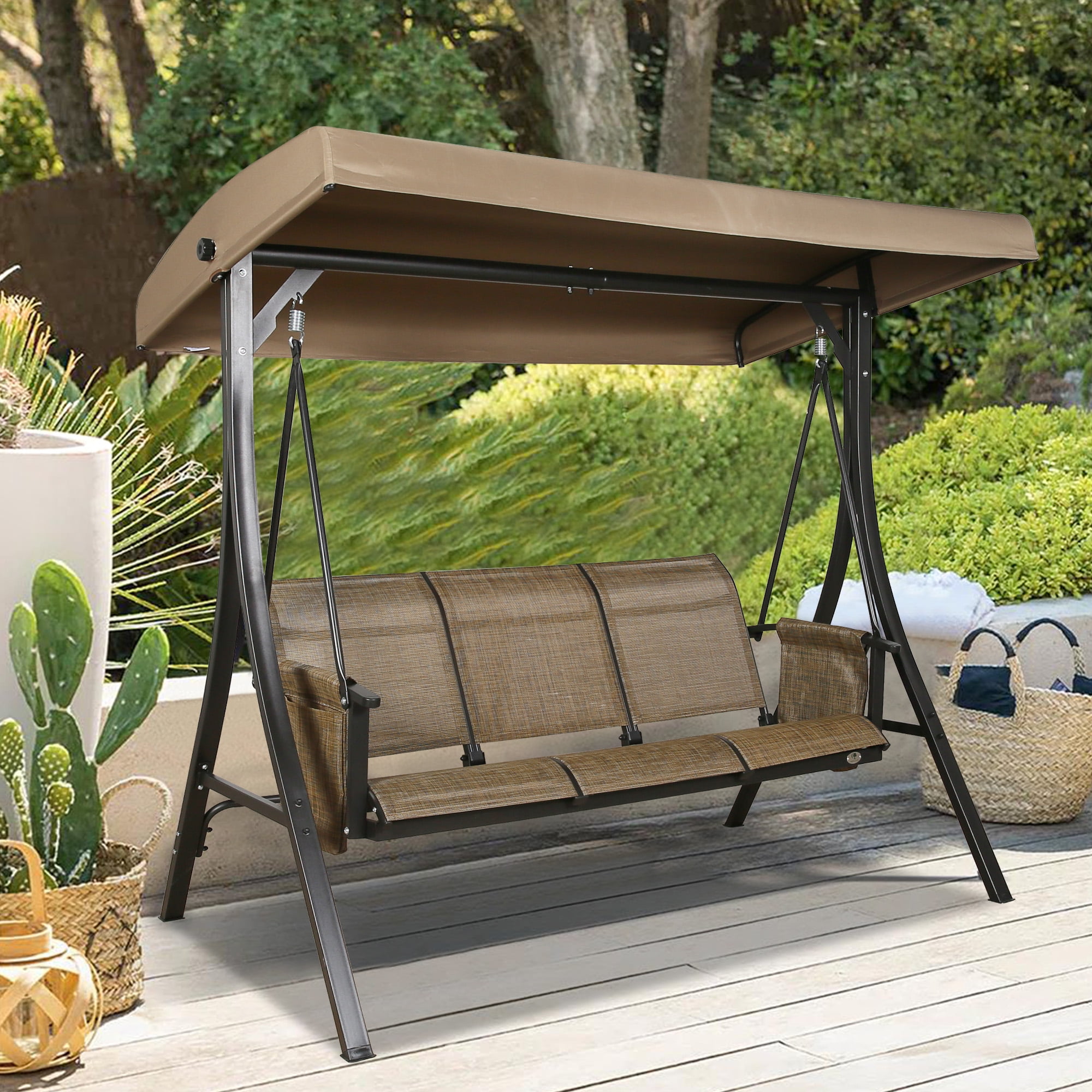 Iwicker 3 Seat Canopy Steel Porch Swing Textilene Swing Glider