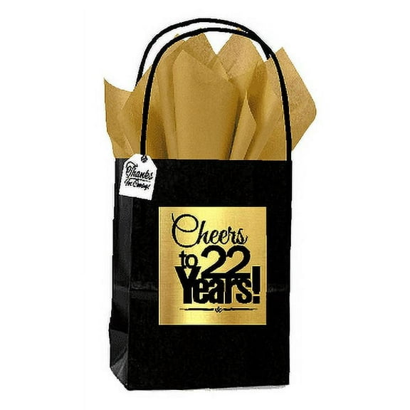 Black & Gold 22nd Birthday / Anniversary Cheers Themed Small Party Favor Gift Bags with Tags -12pack