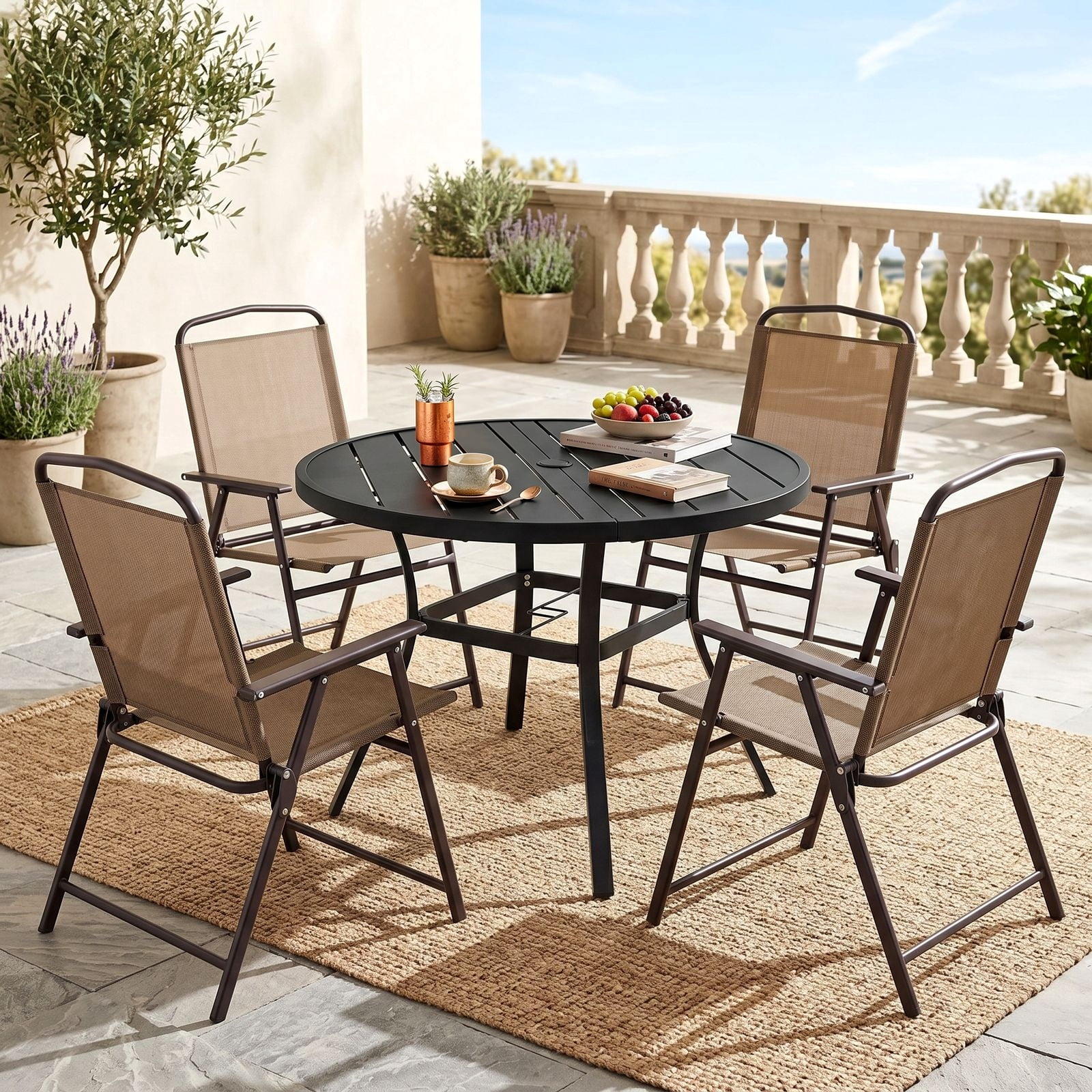TLSUNNY Folding Patio Chair Set of 4, Portable Dining Chairs with Armrest, Outdoor Foldable Chairs, Brown