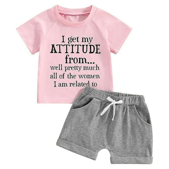 CAICJ98 Toddler Baby Girl Summer Clothes Short Sleeve Letter Print T Shirt Tops Solid Color Shorts 2Pcs Outfits Sets Pink,9-12 Months