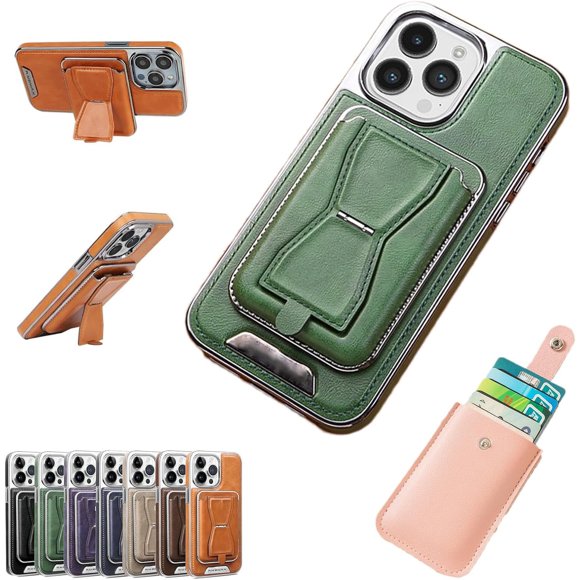 Symmetry Luxury Leather for iPhone Case with Removable Magnetic Tape, Leather Card Holder Phone Case, Phone Case with Card Holder (Green,13)