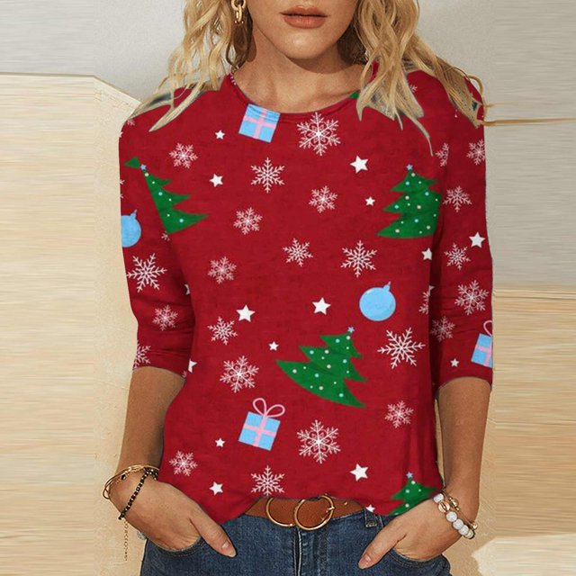 Qertyioot Femmes Mode Noël Impression Sweat-Shirt, Manches Longues Casual Col Rond Pull Tops