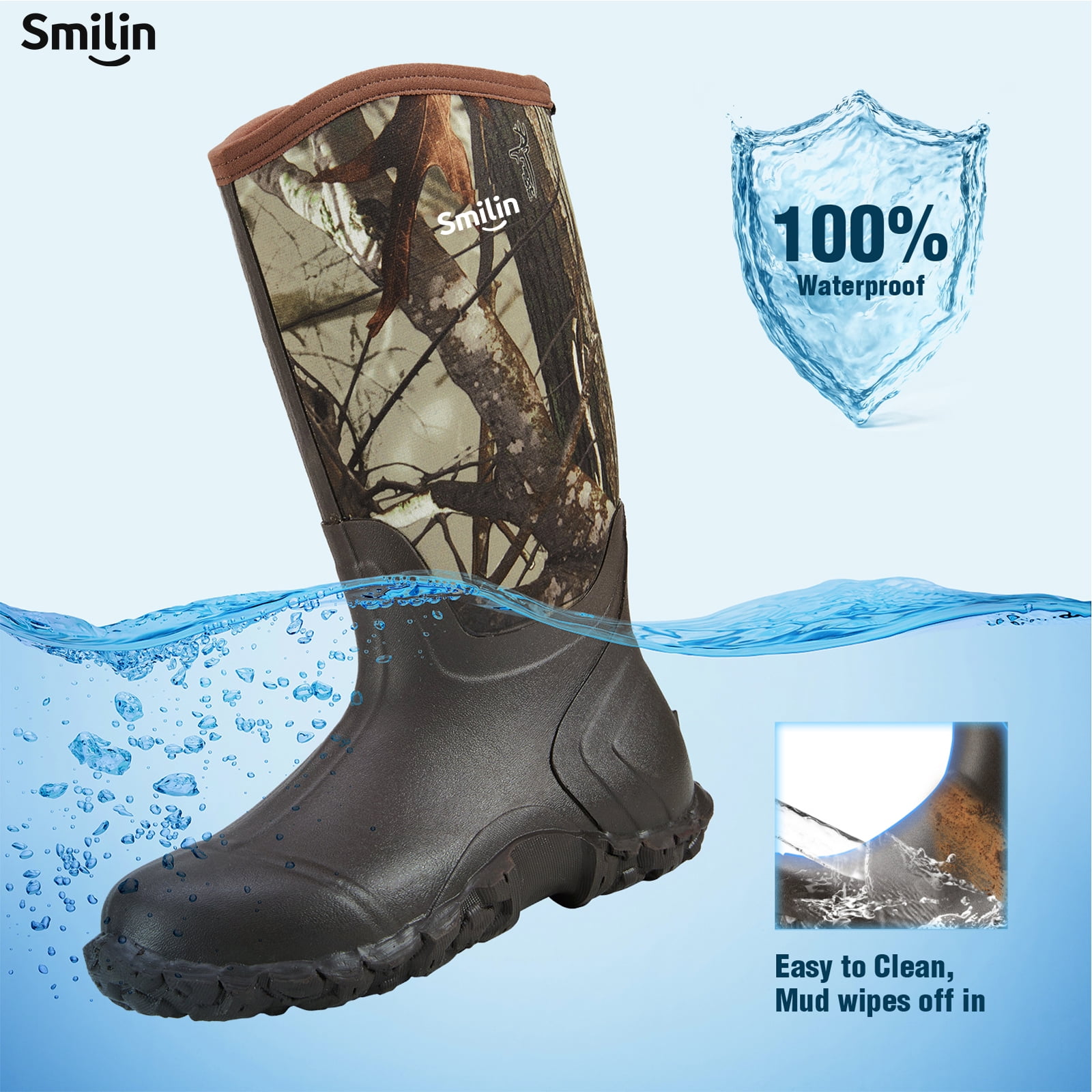 SMILIN Waterproof Rain Boots for Men, Mid Height Rubber Mud Boots for Outdoor Garden, Brown Camo, Size 9