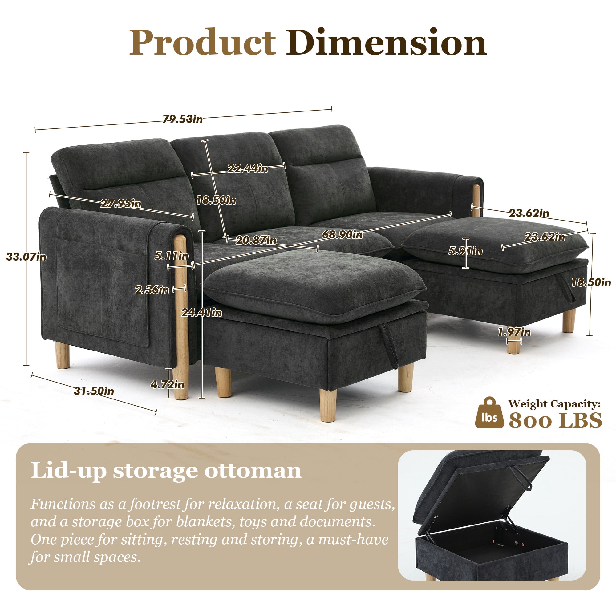 MOONMISS 3-Seater Chenille Sectional Sofa with 2 Storage Ottoman & Side Pocket Convertible Chaise Lounge for Living Room,Black