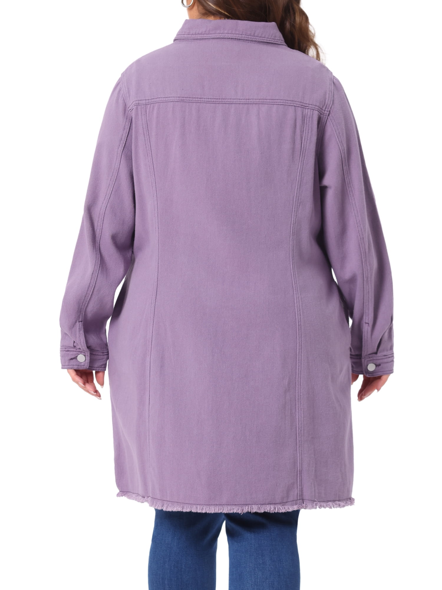 DARING DIVA Women's Plus Size Long Distressed Button Up Denim Jacket 1X Purple