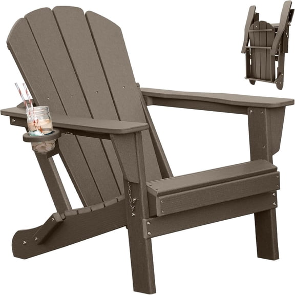 TOPCOMFY Adirondack Chair Folding All-Weather HDPE Plastic Outdoor Patio Lawn Fire Pit Seating with Cup Holder Brown