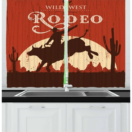 Sunset Window Windows (Vintage Curtains 2 Panels Set, Rodeo Cowboy Riding Bull Wooden Old Sign Western Wilderness at Sunset Image, Window Drapes for Living Room Bedroom, 55W X 39L Inches, Redwood Orange, by)
