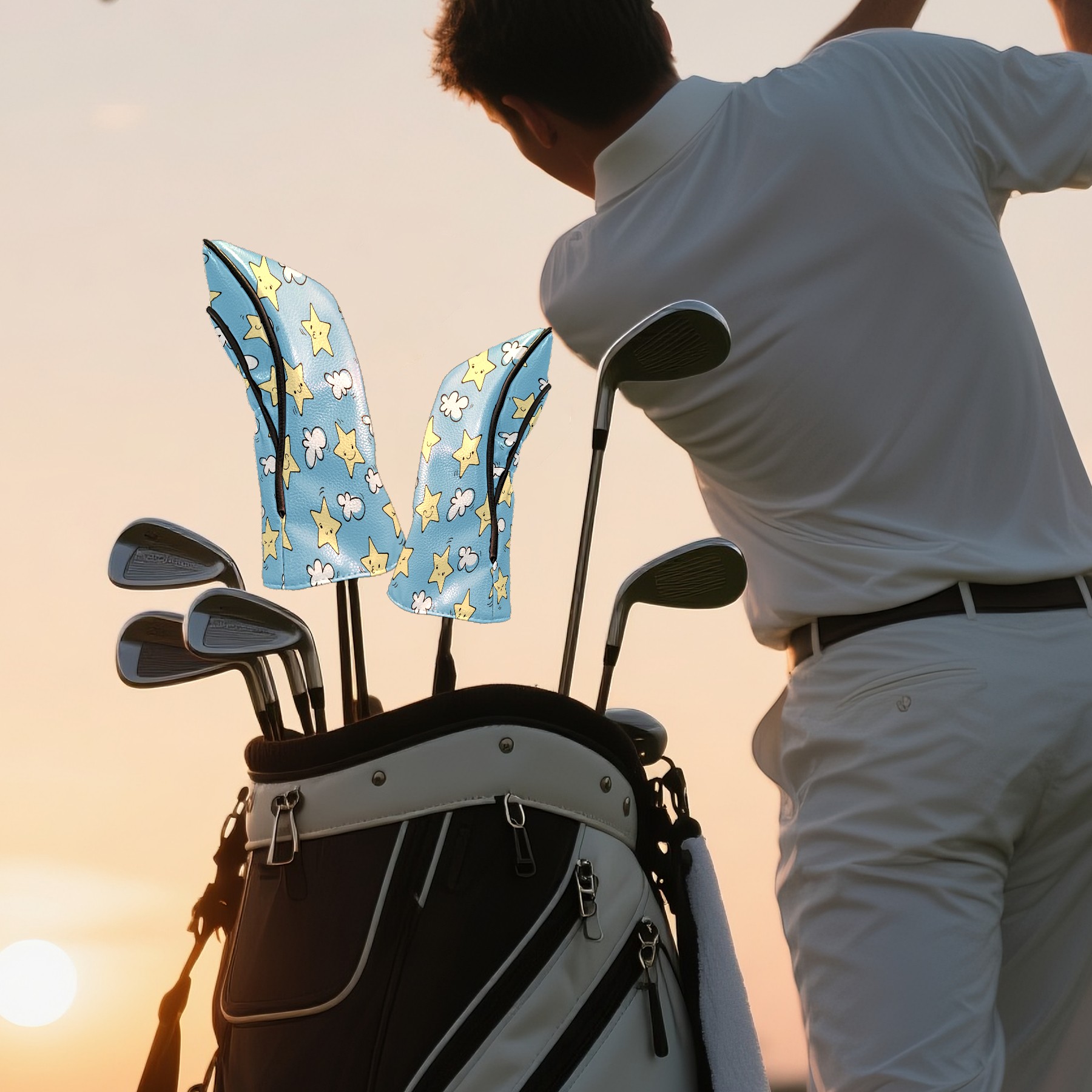Golf Club Covers, Blue Stars Premium PU Leather Driver Hybrid Putter Head Covers with Velvet Lining, Waterproof Golf Gifts for Men Women