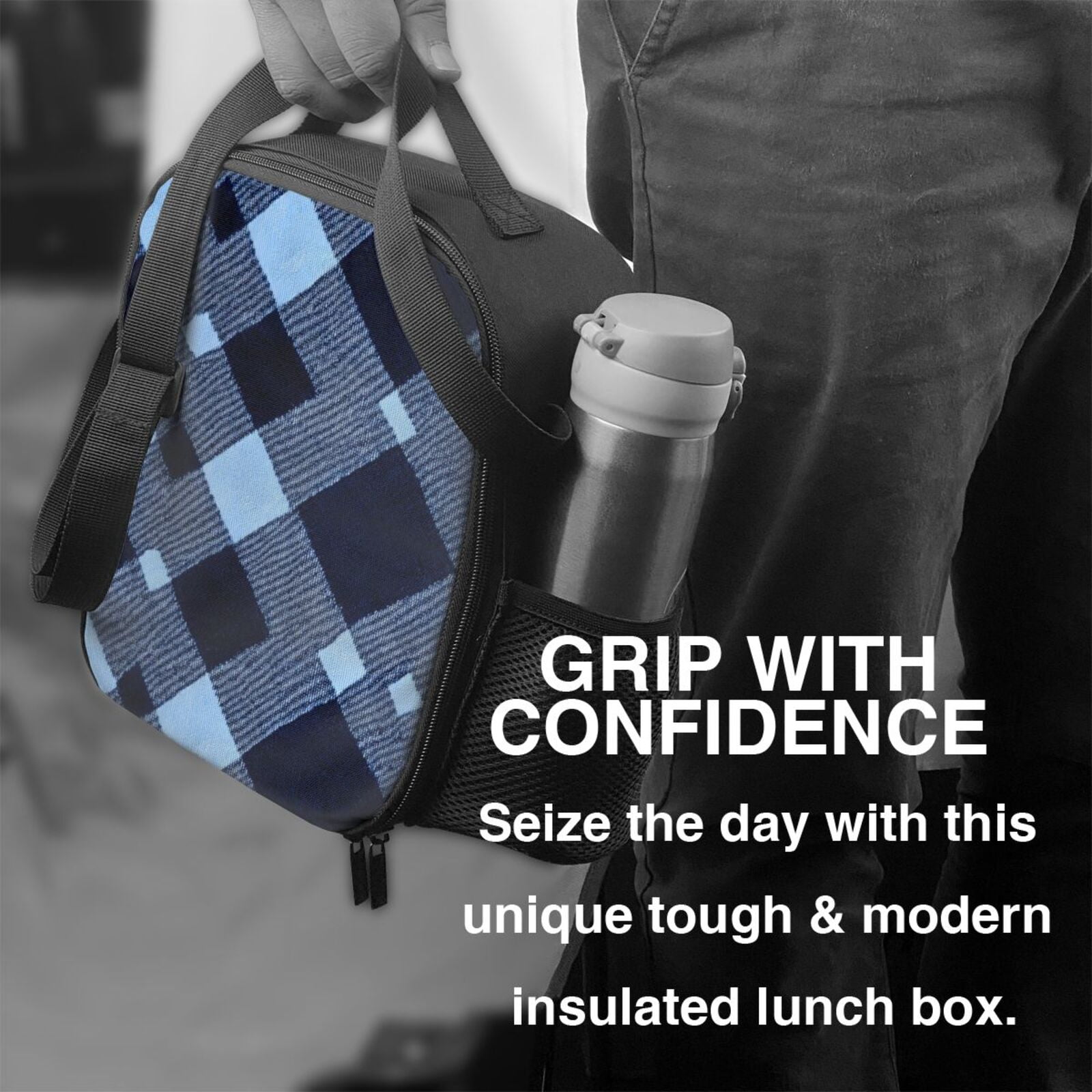 Thermal Insulation One Shoulder Portable Bento Bag Can Be Reused 8×10.5in For Carrying Drinks Bento Box Fruit Snacks Argyle Plaid Blue_3