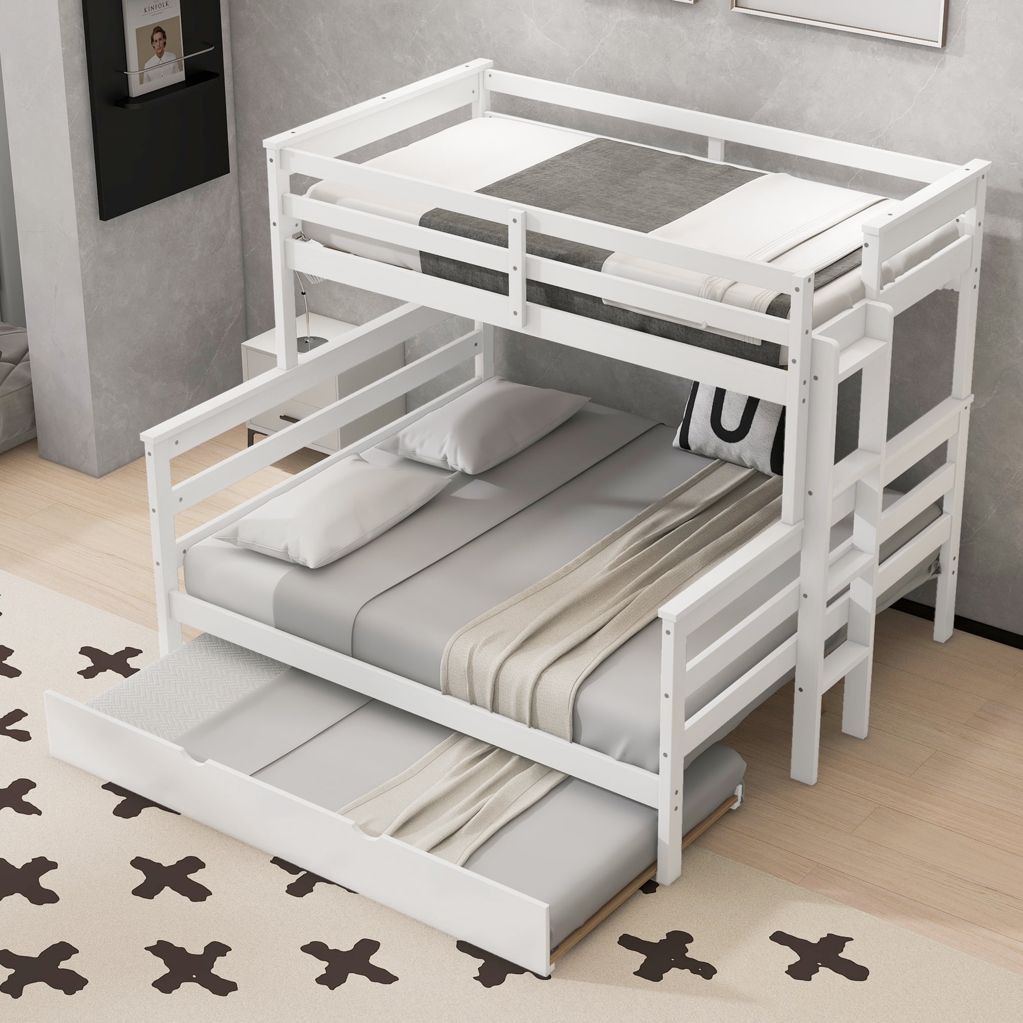 Euroco Wood Twin XL over Queen Bunk Bed with Trundle, 3 Beds in One Design, White