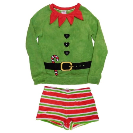 Secret Santa Womens Plush Green Elf Pajamas Shorts & Sweatshirt Sleep