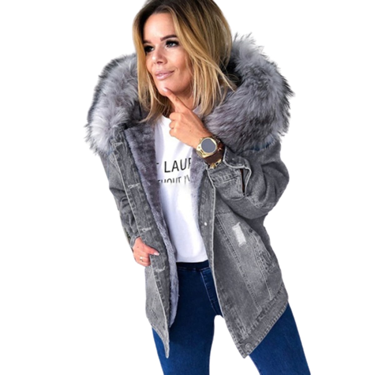 denim jacket with wool collar womens