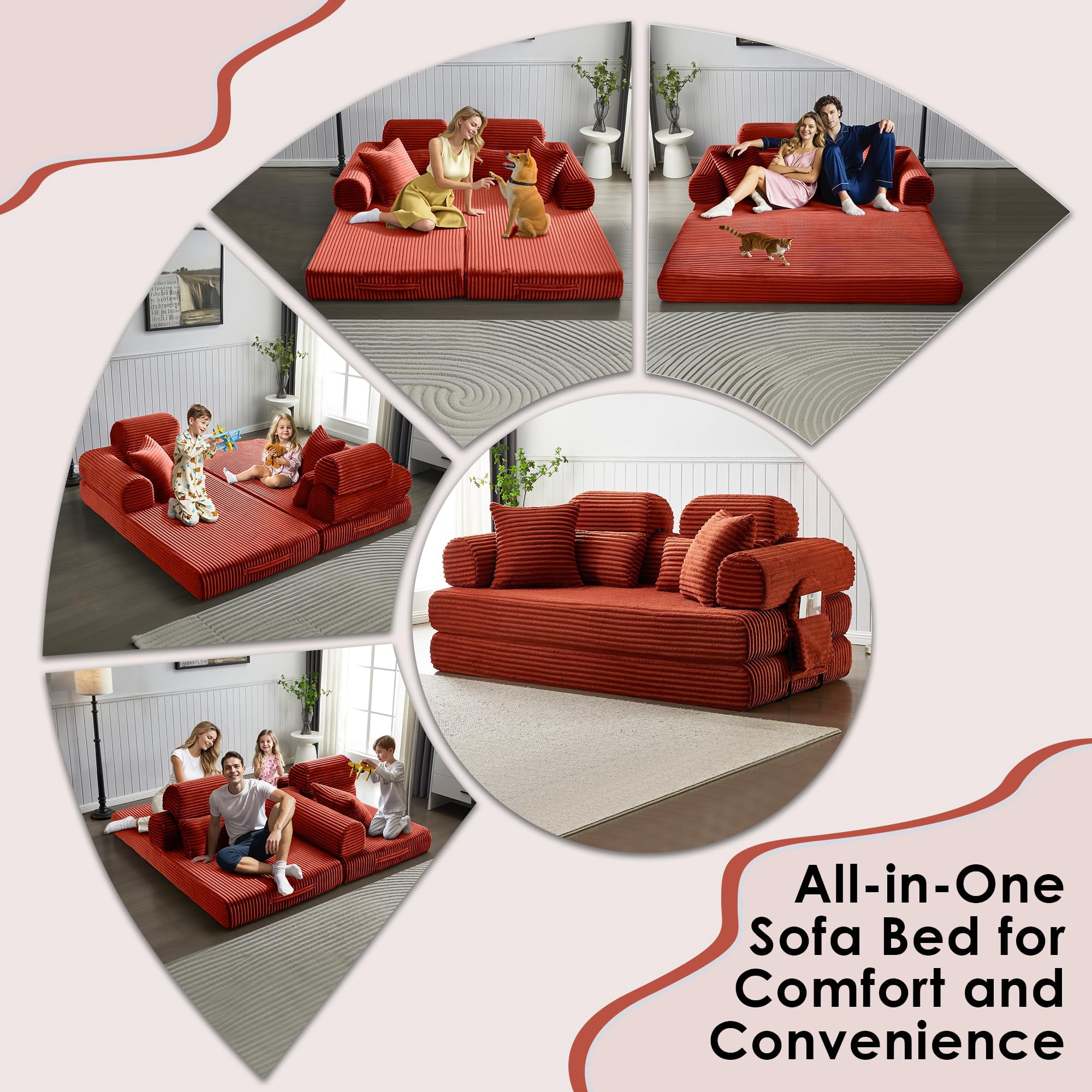 Howcool 78.5" Convertible Sleeper Sofa Bed, Corduroy Foldable Loveseat, Boneless Memory Foam Couch Bed for Living Room, Queen to King Size, No Assembly,Orange