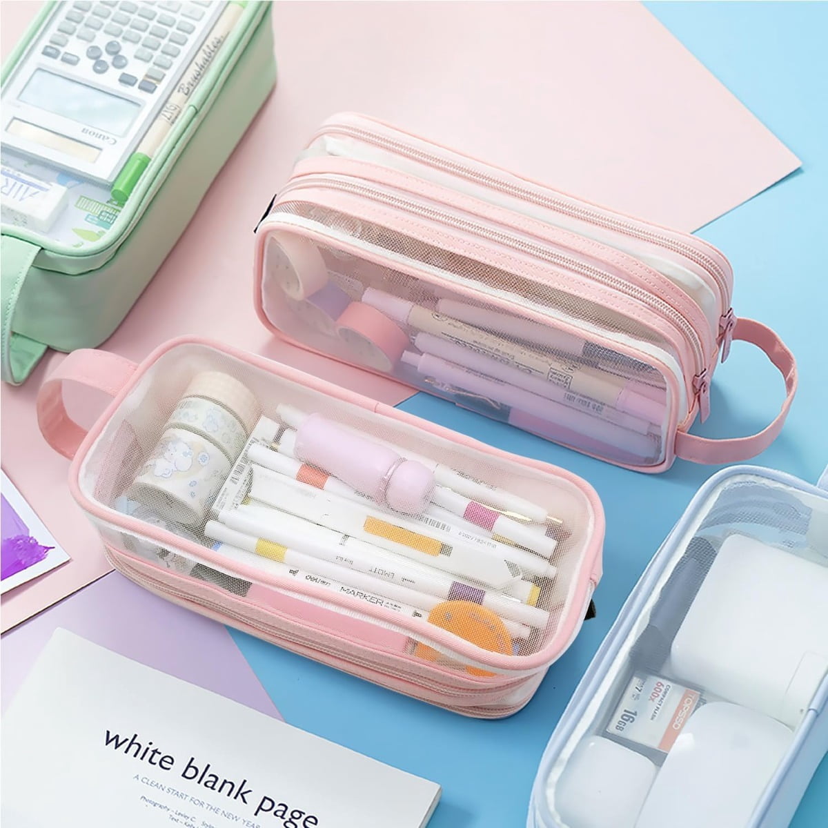 8pcs Pencil Case and Pens Set, 1 Large-capacity Mesh Pencil Case and 7pcs Glitter Rhinestone Beadable Pens Bulk Set, Clear Pen Pouch with Zipper and Handle, Multifunctional Stationery Bag and Pen Set