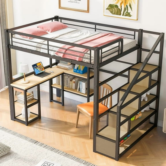 Full Size Black Metal Loft Bed with Staircase, Built-in Desk and Shelves for Space-Saving Bedroom