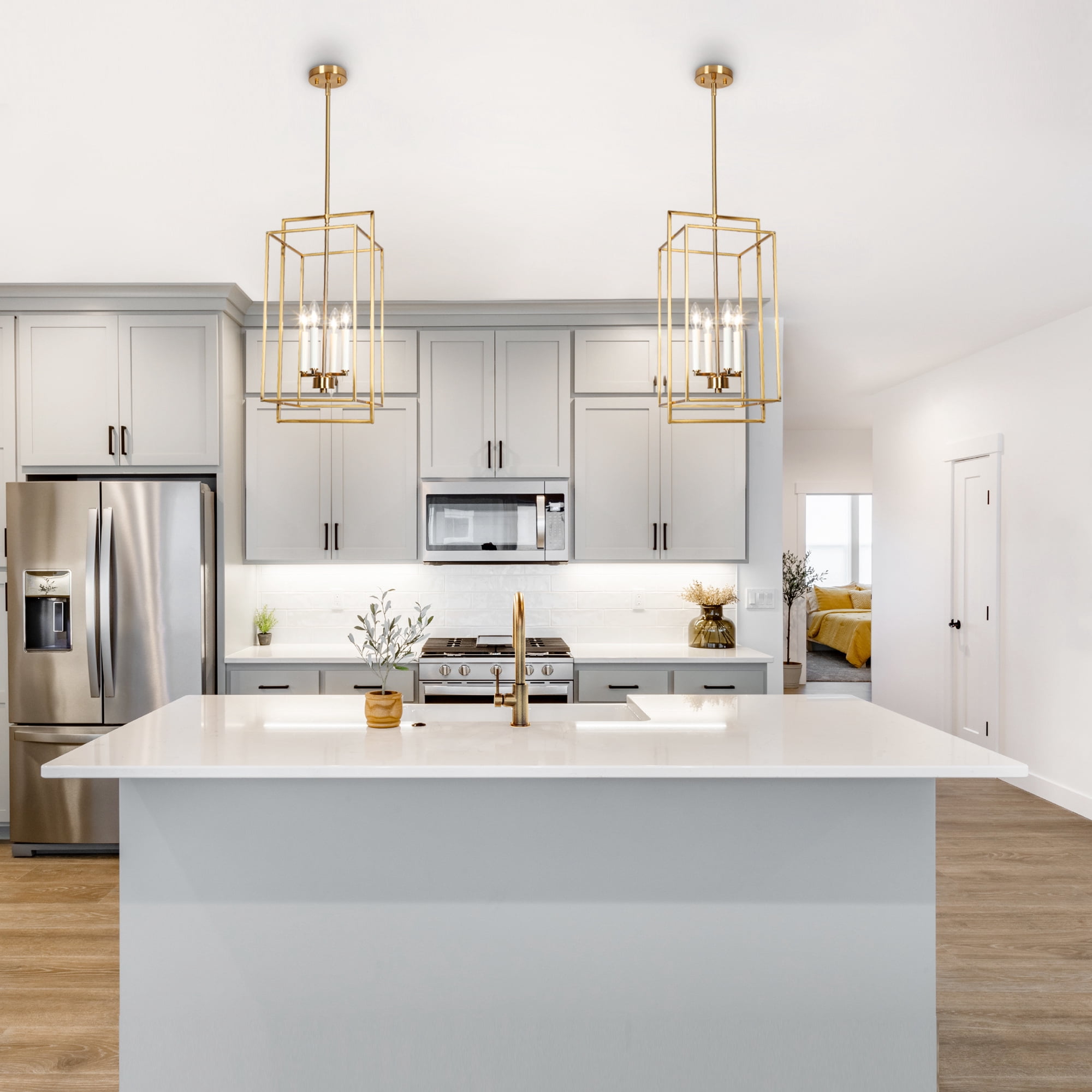 LNC 4-Light Polished Gold and White Candle Modern Linear Hanging Kitchen Island Light