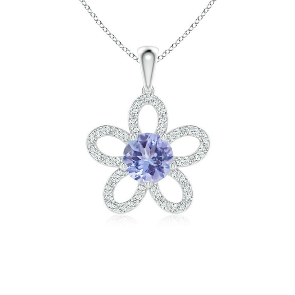 ANGARA Natural Round Tanzanite Floral Pendant with Diamond Accents in 14K White Gold for Women (Size-6mm) | December Birthstone, Anniversary, Jewelry Gift for Women | Natural Tanzanite Necklace