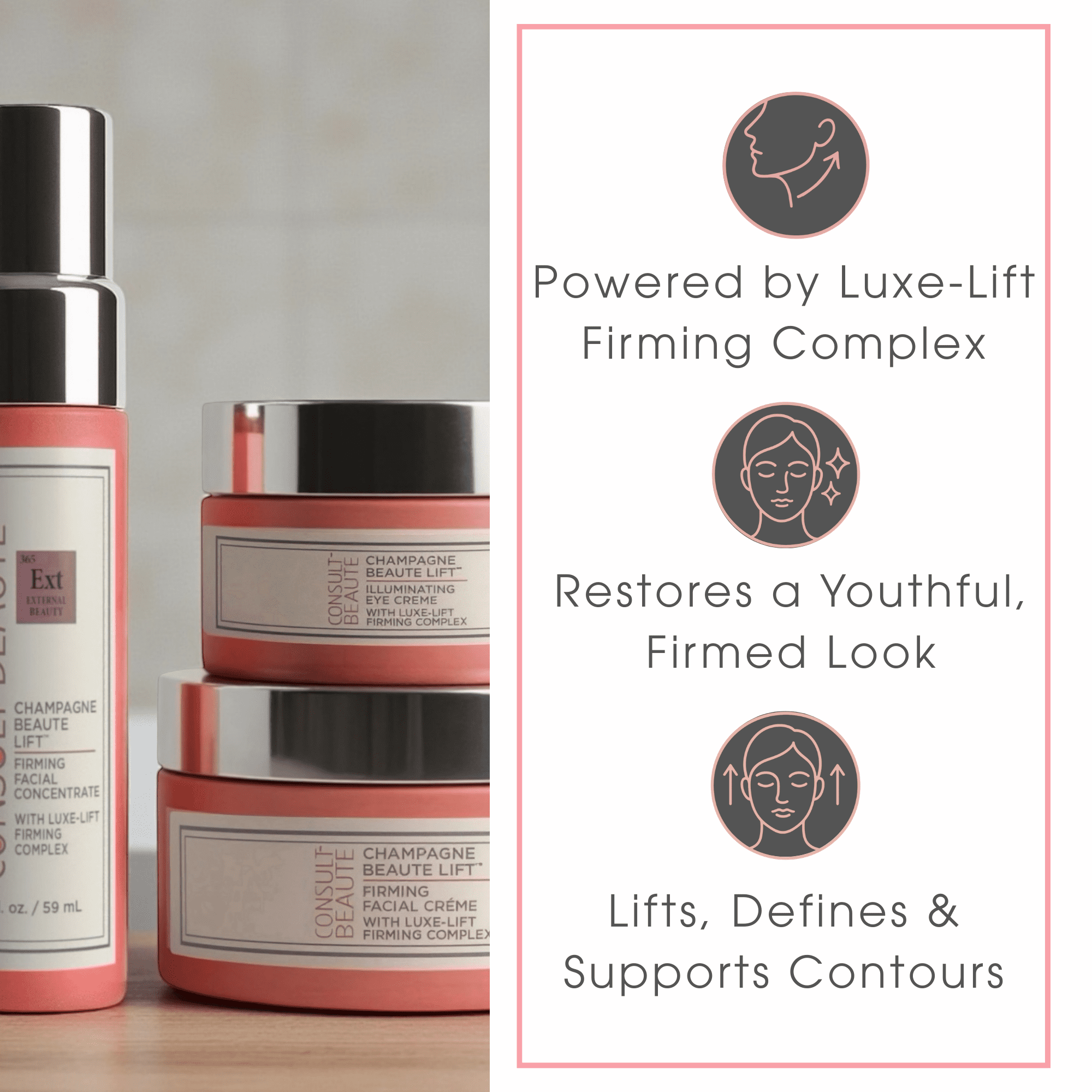 Consult Beaute - Champagne Beaute Lift - 3 Piece Firming Face, Neck & Eye Set - Lift, Firm and Rejuvenate Slack, Sagging Skin - Hydrating Moisture Cream and Serum - Niacinamide - Peptide Complex