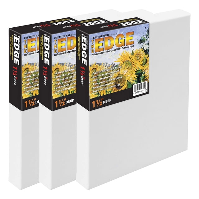 Creative Mark The Edge All Media Cotton Deluxe Lienzo estirado – 10 x 10 pulgadas – Paquete de 3 lienzos imprimados acrílicos triples de 1-1/2 pulgadas de profundidad para pintar