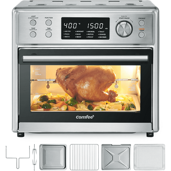 (Manufacturer Refurbished) Comfee' CO-F25A1 25L 12-in-1 Air Fryer Toaster Oven Combo with Rotisserie, 6 Slice Toast 12' Pizza, Double Layer, Countertop Convection