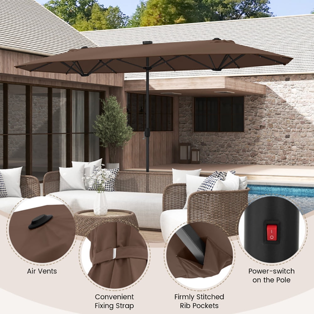 Aimee Lii 13FT Double-sided Patio Umbrella with Solar Lights for Garden Pool Backyard, Table Umbrella Outdoor Patio, Coffee