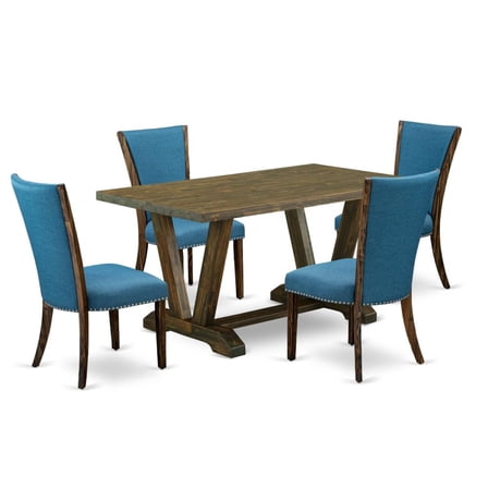 East West Furniture V-Style 5-piece Wood Dining Set in Jacobean Brown/Blue