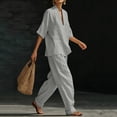 thumbnail image 5 of jobturf Summer Two Piece Sets for Women Going Out Linen Lounge Set V Neck 3/4 Sleeve T Shirts and Pants Matching Vacation Outfits S-XXL, 5 of 7