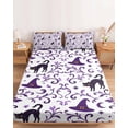 thumbnail image 2 of Twin XL Size Fitted Sheet Set - Purple Floral Halloween 2 Piece Bedding Sets 16" Deep Pocket Fitted Sheet with 1 Pillowcases, Horror Black Cats Brushed Microfiber Hotel Luxury Bed Sheets, 2 of 9