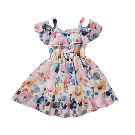 

QWERTYU Infant Baby Toddler Child Children Kids Short Sleeve Ruffle Dresses Off Shoulder Summer Dress Floral Sundress for Girls 9M-6Y 100